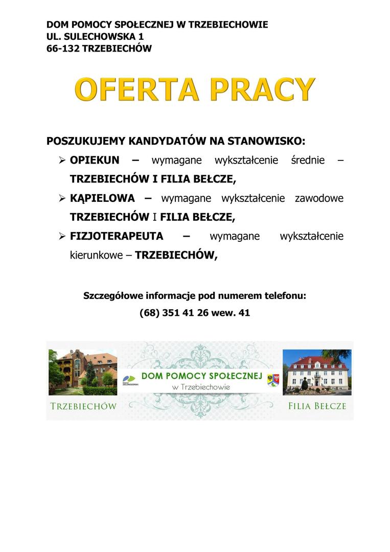 Dom Pomocy Społecznej w Trzebiechowie poszukuje pracowników
