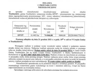 Wójt Gminy Trzebiechów ogłasza I przetarg ustny nieograniczony