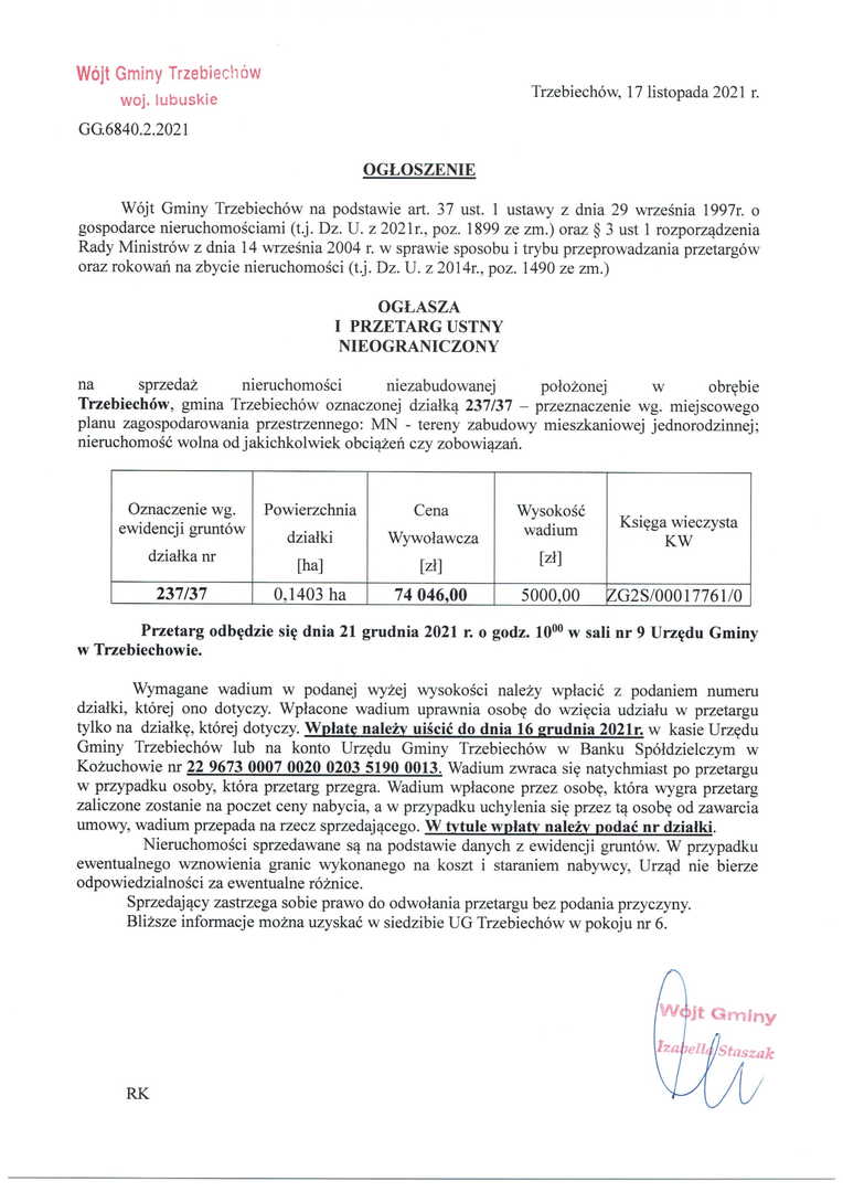 Wójt Gminy Trzebiechów ogłasza I przetarg ustny nieograniczony