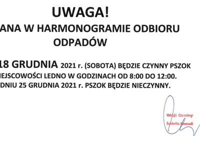 UWAGA! ZMIANA W HARMONOGRAMIE ODBIORU ODPADÓW
