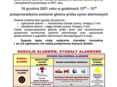 Głośna próba syren alarmowych 16 grudnia 2021r.