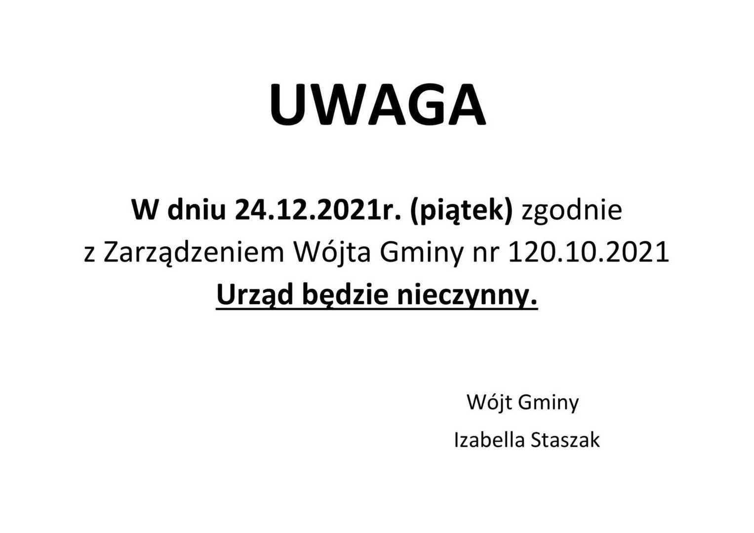 24 grudnia urząd będzie nieczynny