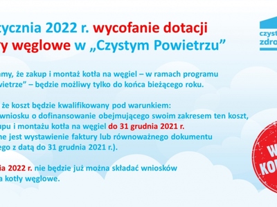 Od 1 stycznia 2022 r. wycofanie dotacji na kotły węglowe w „Czystym Powietrzu”