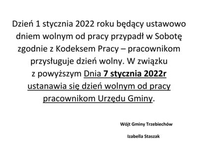 W piatek 7 stycznia 2022 roku Urząd będzie nieczynny