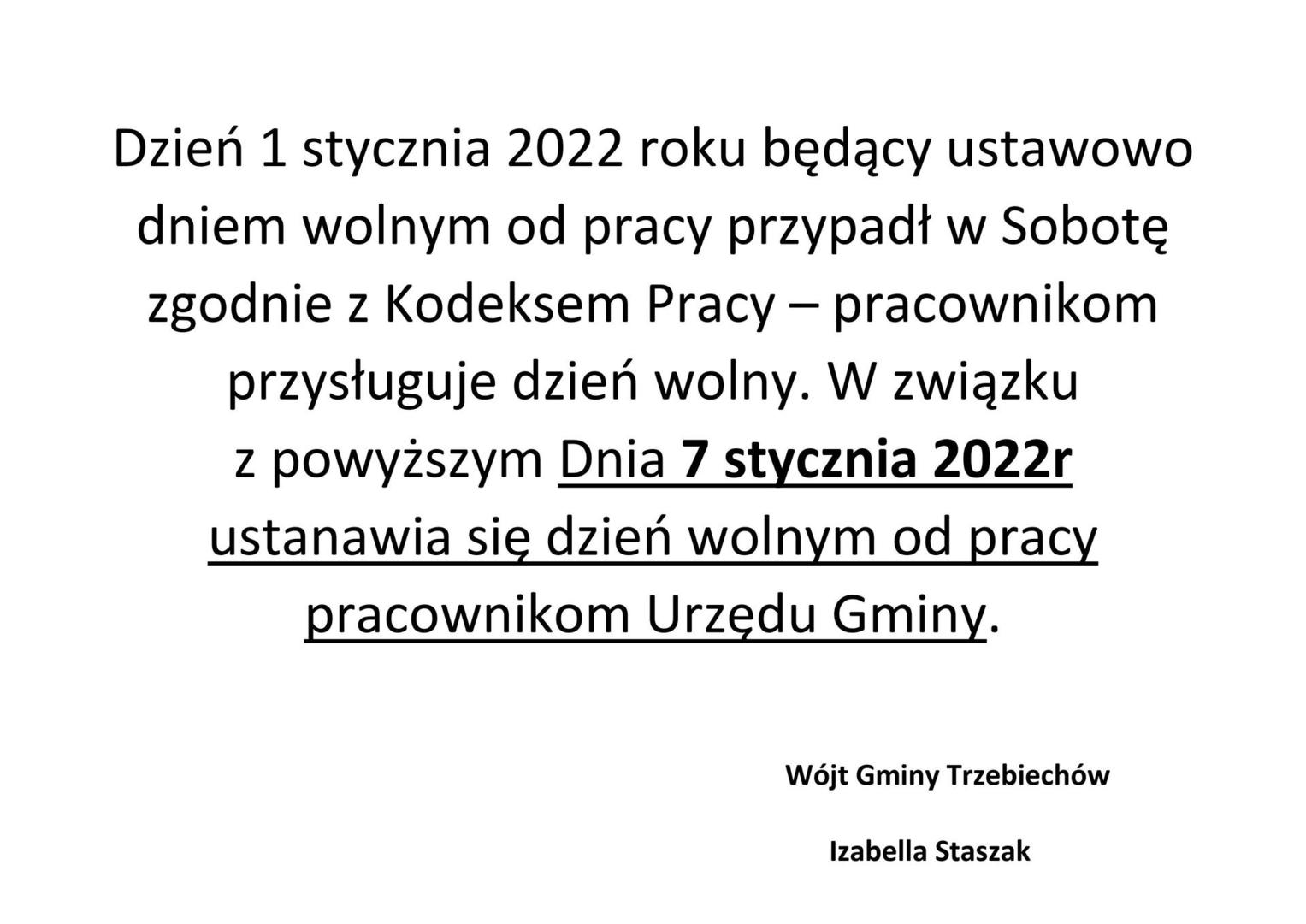 W piatek 7 stycznia 2022 roku Urząd będzie nieczynny