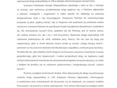Pismo w sprawie pilnego remontu drogi wojewódzkiej nr 278
