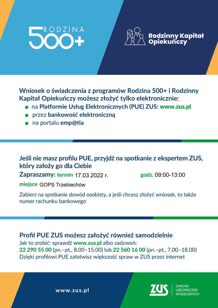 Wniosek o świadczenia z programów Rodzina 500+ i Rodzinny Kapitał Opiekuńczy możesz złożyć tylko elektronicznie: na Platformie Usług Elektronicznych (PUE) ZUS: www.zus.pl, przez bankowość elektroniczną, na portalu emp@tia