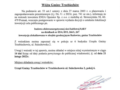 OBWIESZCZENIE Wójta Gminy Trzebiechów z dnia 21 lutego 2022