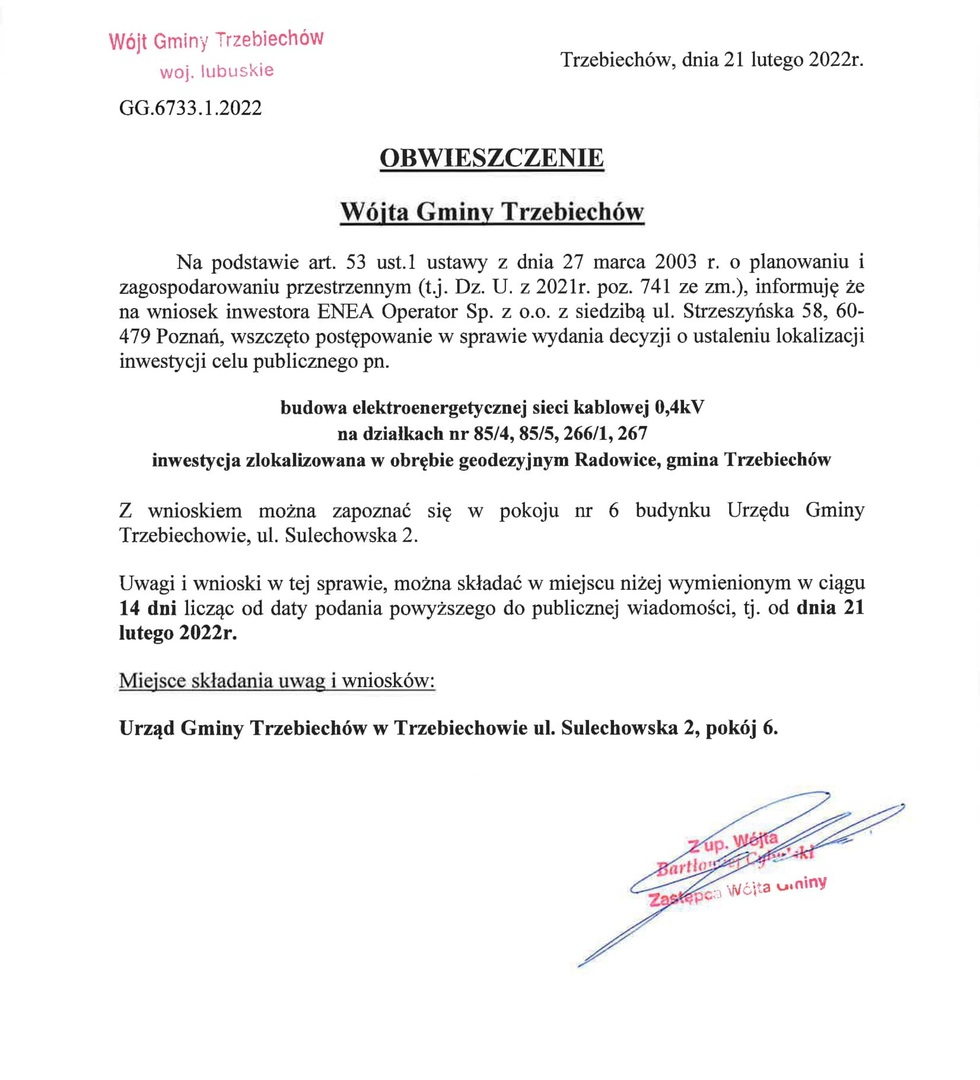 
OBWIESZCZENIE Wójta Gminy Trzebiechów z dnia 21 lutego 2022
