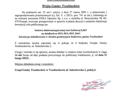 OBWIESZCZENIE Wójta Gminy Trzebiechów z dnia 21 lutego 2022