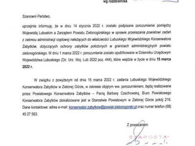 Informacja w sprawie przekazania Powiatowi Zielonogórskiemu zadań Lubuskiego Wojewódzkiego Konserwatora Zabytków