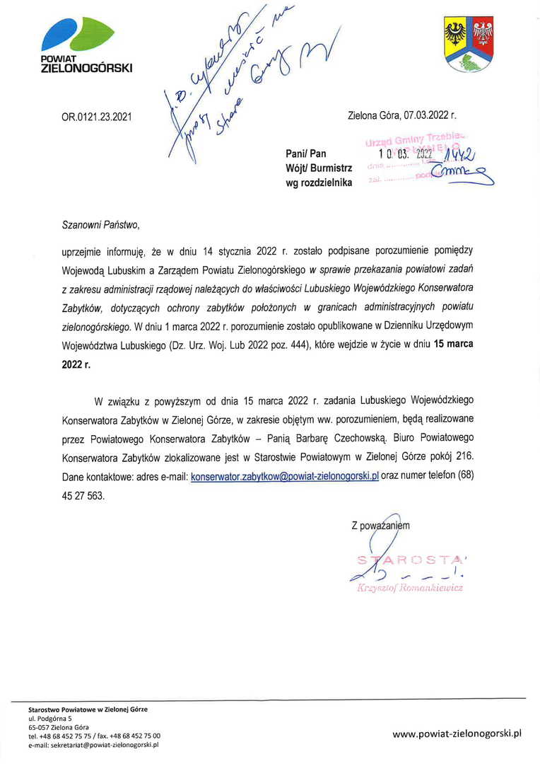 Informacja w sprawie przekazania Powiatowi Zielonogórskiemu zadań Lubuskiego Wojewódzkiego Konserwatora Zabytków