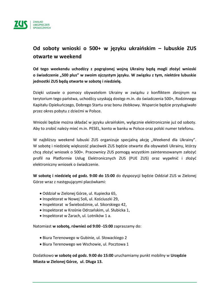 Od soboty wnioski o 500+ w języku ukraińskim – lubuskie ZUS otwarte w weekend
