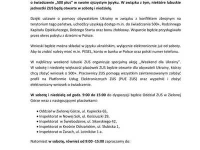 Od soboty wnioski o 500+ w języku ukraińskim – lubuskie ZUS otwarte w weekend