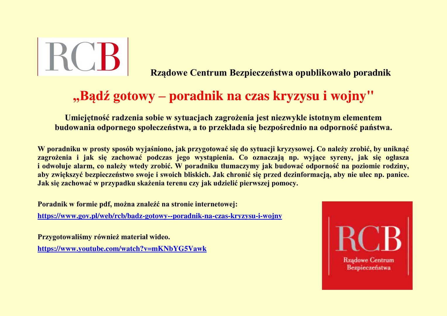 Poradnik Rządowego Centrum Bezpieczeństwa "Bądź gotowy - poradnik na czas kryzysu i wojny" 