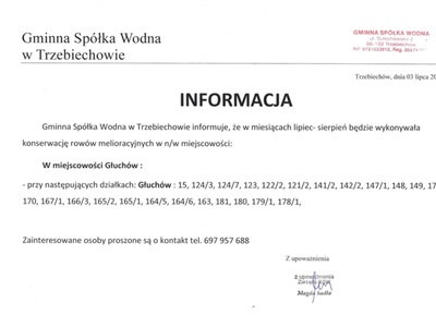Informacja Gminnej Spółki Wodnej o planowanych pracach w Głuchowie