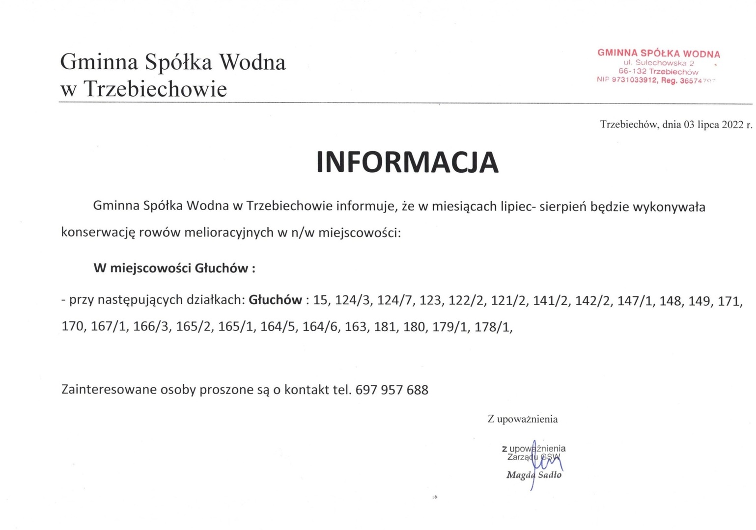 Informacja Gminnej Spółki Wodnej o planowanych pracach w Głuchowie
