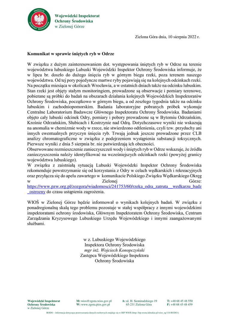 Komunikat w sprawie śniętych ryb w Odrze