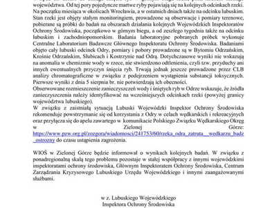 Komunikat w sprawie śniętych ryb w Odrze