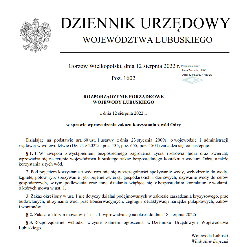 Rozporządzenie Porządkowe Wojewody Lubuskiego z dnia 12 sierpnia 2022 r., w sprawie wprowadzenia zakazu korzystania z wód Odry