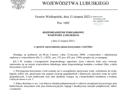 Rozporządzenie Porządkowe Wojewody Lubuskiego z dnia 12 sierpnia 2022 r., w sprawie wprowadzenia zakazu korzystania z wód Odry