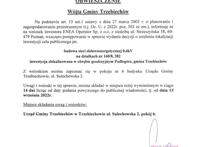 OBWIESZCZENIE Wójta Gminy Trzebiechów z dnia 13 września 2022 r.
