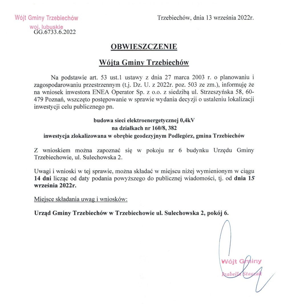 OBWIESZCZENIE Wójta Gminy Trzebiechów z dnia 13 września 2022 r.