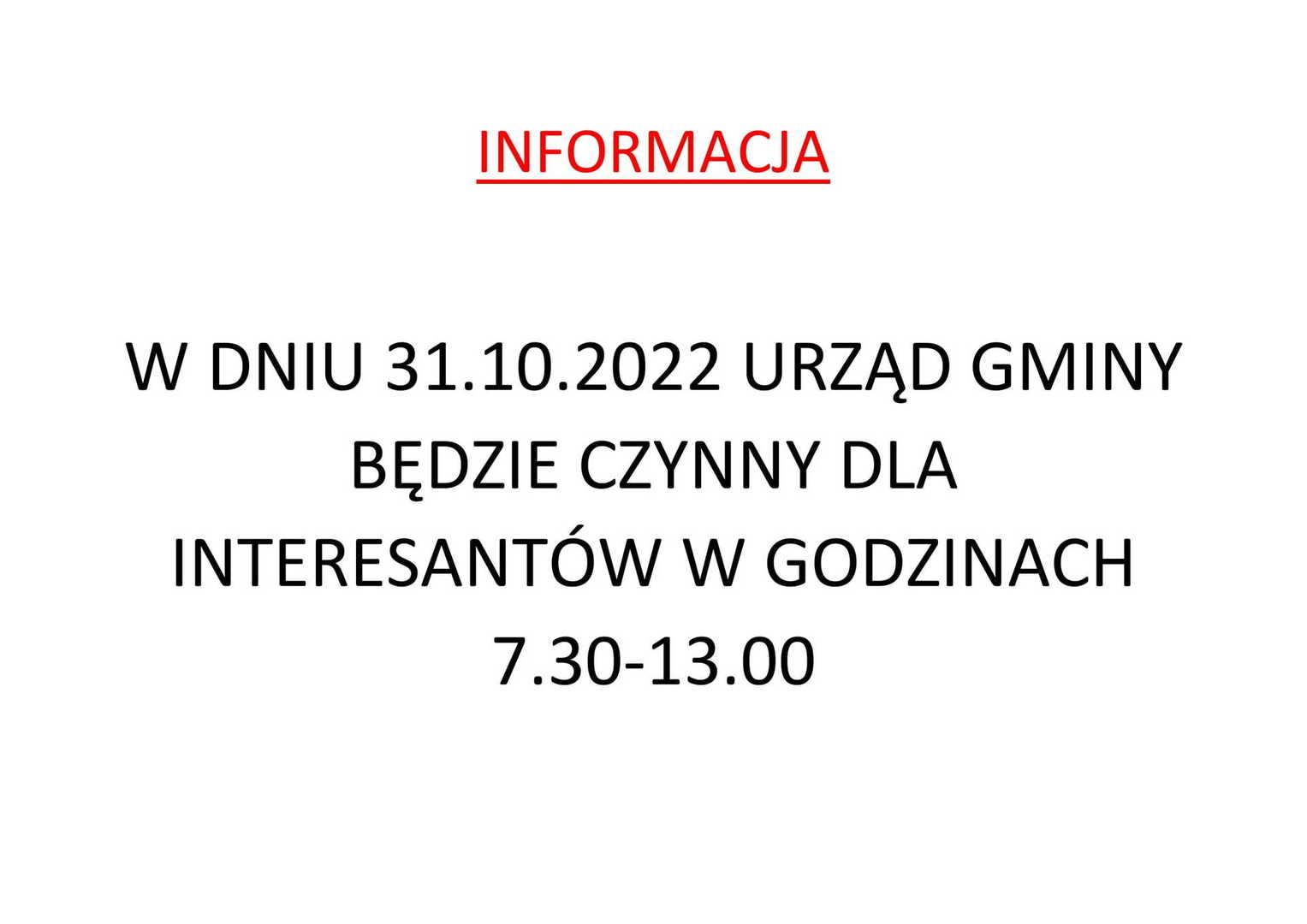 INFORMACJA w sprawie skrócenia czasu pracy Urzędu Gminy
