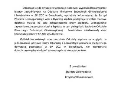 Komunikat zarządu Powiatu Zielonogórskiego w spaiwe sytuacji w SP ZOZ w Sulechowie