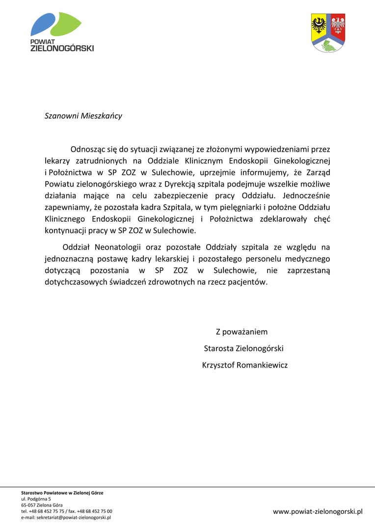 Komunikat zarządu Powiatu Zielonogórskiego w spaiwe sytuacji w SP ZOZ w Sulechowie