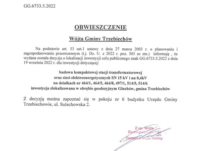 Obwieszczenie GG.6733.5.2022. Budowa kompaktowej stacji transformatorowej oraz sieci elektroenergetycznych SN 15 kV i nn 0,4kV na działkach nr 464/1, 464/5, 464/8, 497/1, 514/5, 514/6