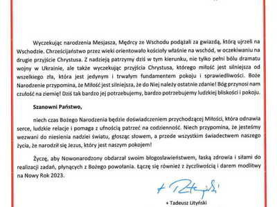 Życzenia z okazji Świąt Bożego Narodzenia od Biskupa Tadeusza Lityńskiego
