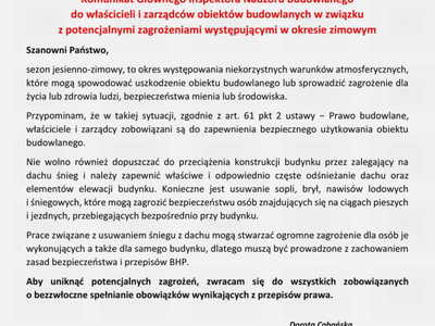 Komunikat Głównego Inspektora Nadzoru Budowlanego 
do właścicieli i zarządców obiektów budowlanych w związku 
z potencjalnymi zagrożeniami występującymi w okresie zimowym
