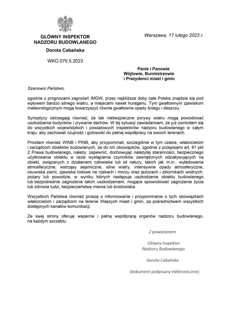 W związku z wydanymi komunikatami dotyczącymi silnych wiatrów przekazujemy pismo Głównego Inspektora Nadzoru Budowlanego.