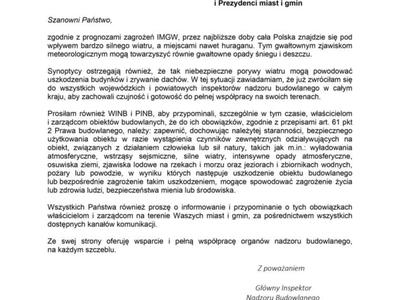 W związku z wydanymi komunikatami dotyczącymi silnych wiatrów przekazujemy pismo Głównego Inspektora Nadzoru Budowlanego.