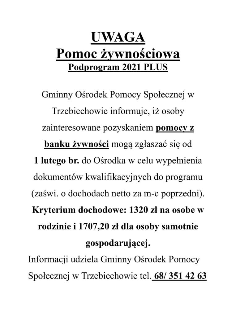 
UWAGA Pomoc żywnościowa Podprogram 2021 PLUS
