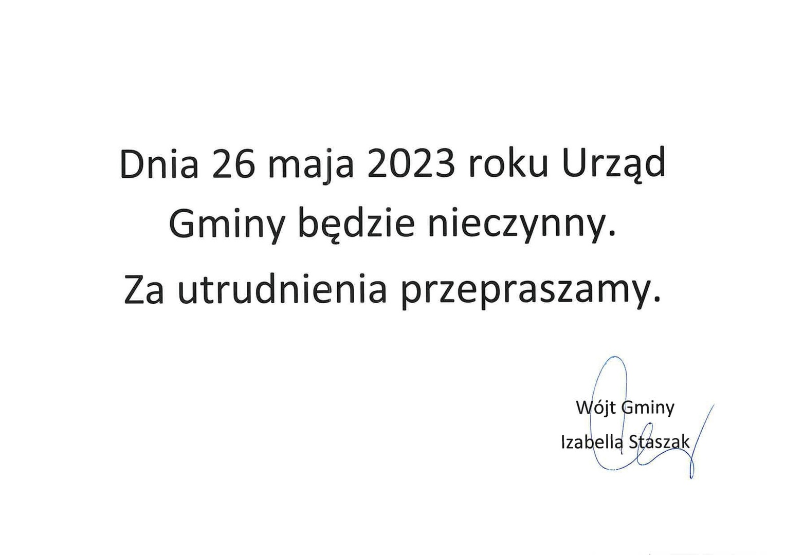 Dnia 26 maja Urząd Gminy będzie nieczynny
