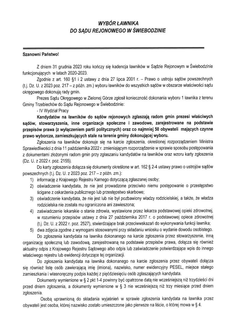 Wybór ławnika do Sądu Rejonowego w Świebodzinie