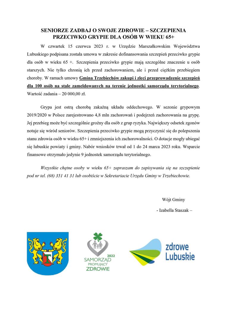 SENIORZE ZADBAJ O SWOJE ZDROWIE – SZCZEPIENIA PRZECIWKO GRYPIE DLA OSÓB W WIEKU 65+