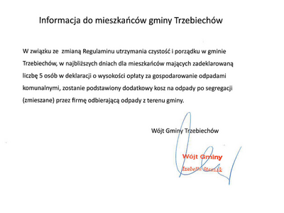 INFORMACJA DO MIESZKAŃCÓW GMINY TRZEBIECHÓW