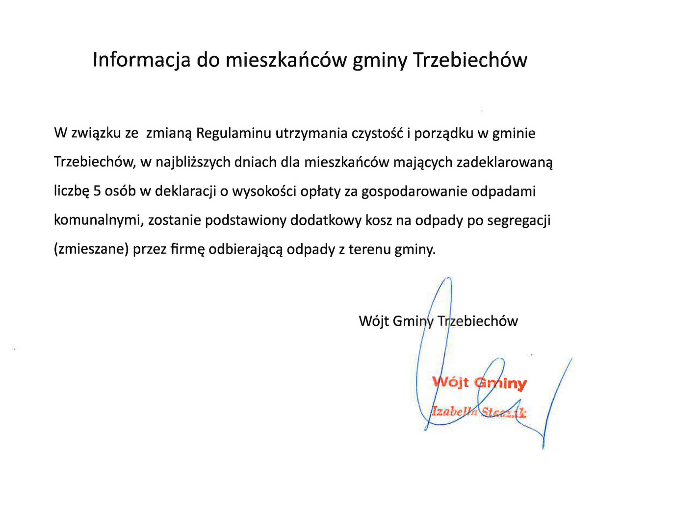 INFORMACJA DO MIESZKAŃCÓW GMINY TRZEBIECHÓW
