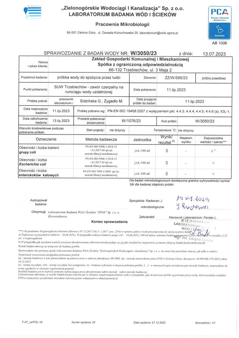 
Wyniki badań wody - SUW Trzebiechów
