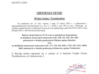 OBWIESZCZENIE Wójta Gminy Trzebiechów z dnia 28 lipca 2023r.