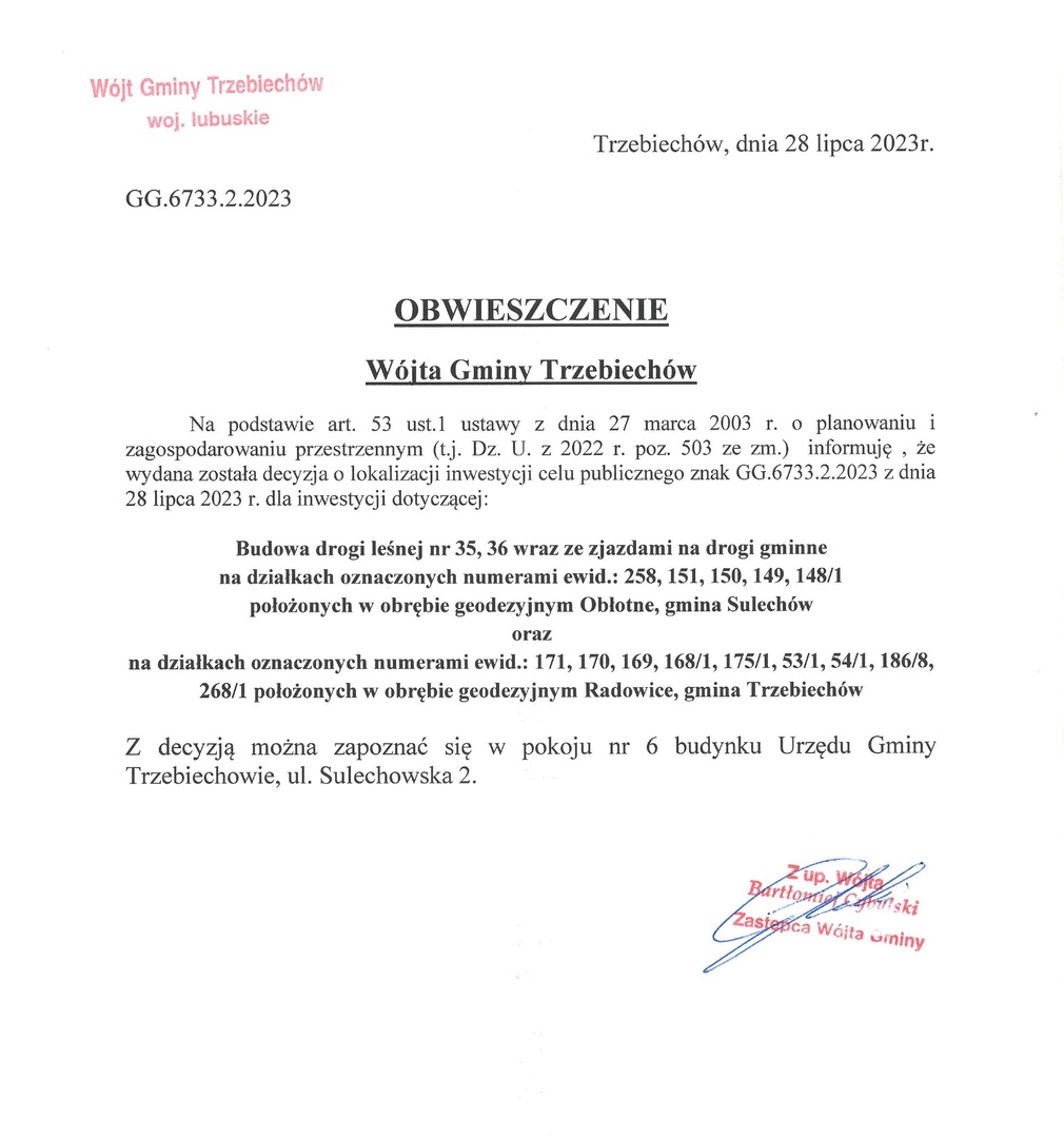  OBWIESZCZENIE Wójta Gminy Trzebiechów z dnia 28 lipca 2023r. 