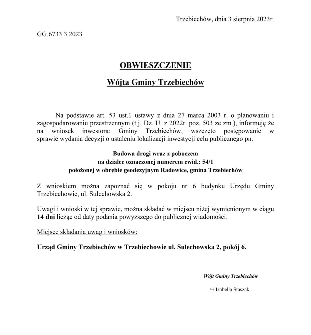  OBWIESZCZENIE Wójta Gminy Trzebiechów z dnia 03 sierpnia 2023r. 