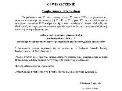 OBWIESZCZENIE Wójta Gminy Trzebiechów z dnia 03 sierpnia 2023r.