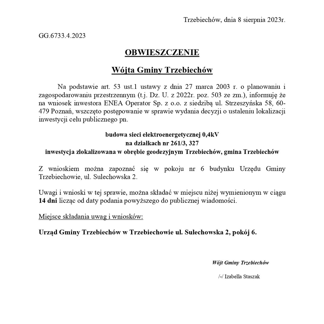 OBWIESZCZENIE Wójta Gminy Trzebiechów z dnia 03 sierpnia 2023r. 