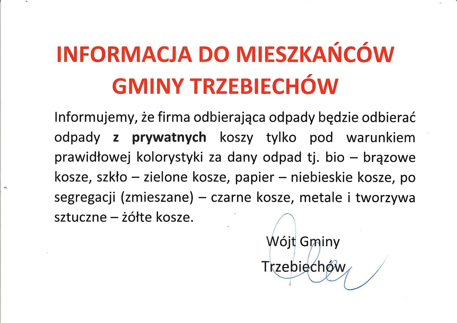 Informacja dla mieszkańców gminy Trzebiechów