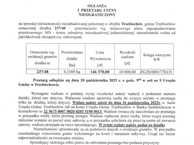 Wójt Gminy Trzebiechów ogłasza I przetarg ustny nieograniczony