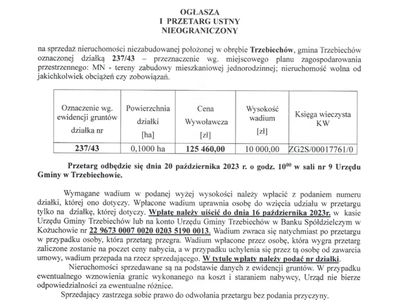 Wójt Gminy Trzebiechów ogłasza I przetarg ustny nieograniczony